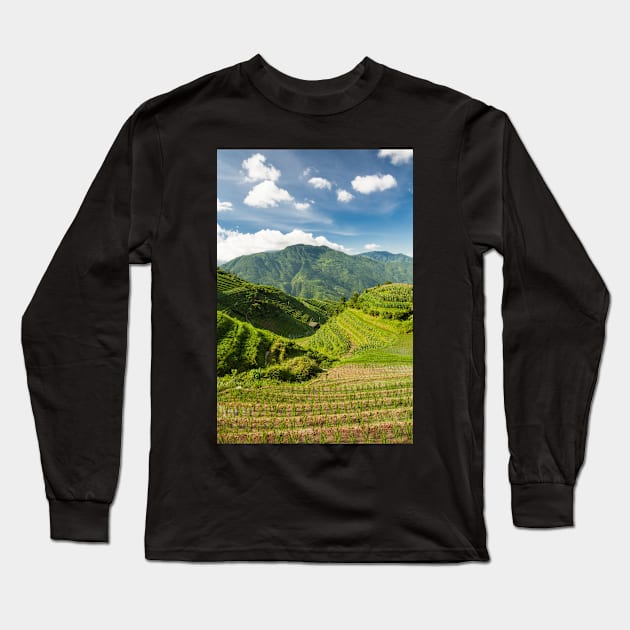 Landscape of rice terraces in china Long Sleeve T-Shirt by Juhku